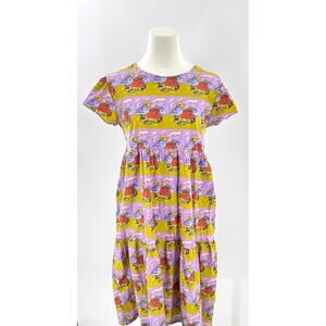 Nooworks Jammin Flutter Sleeve Midi Dress Yellow Purple Strawberry Picnic XS S